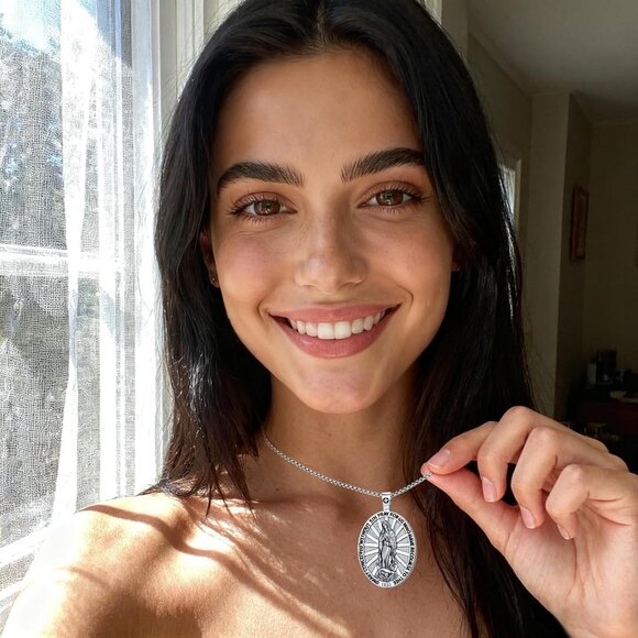 Virgin Mary Patron Saint Necklace Silver Oval Medallion with Bible Verses - Picture 8 of 9